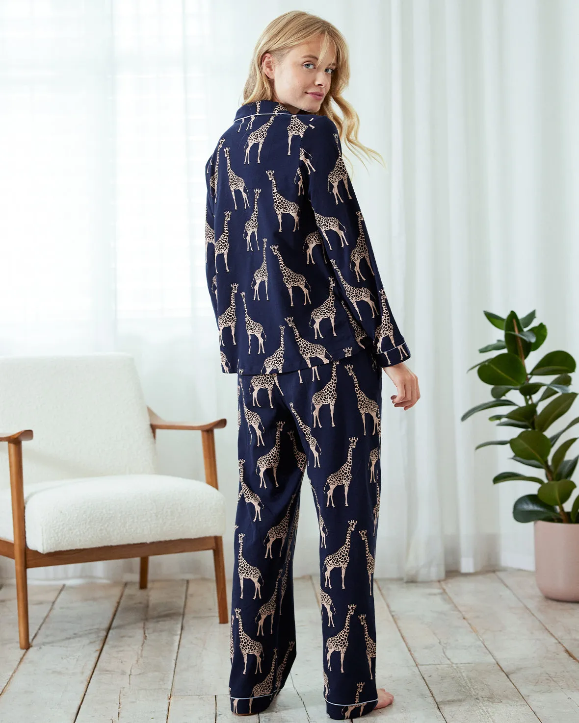 Organic Cotton Giraffe Print Long Pyjama Set - Navy