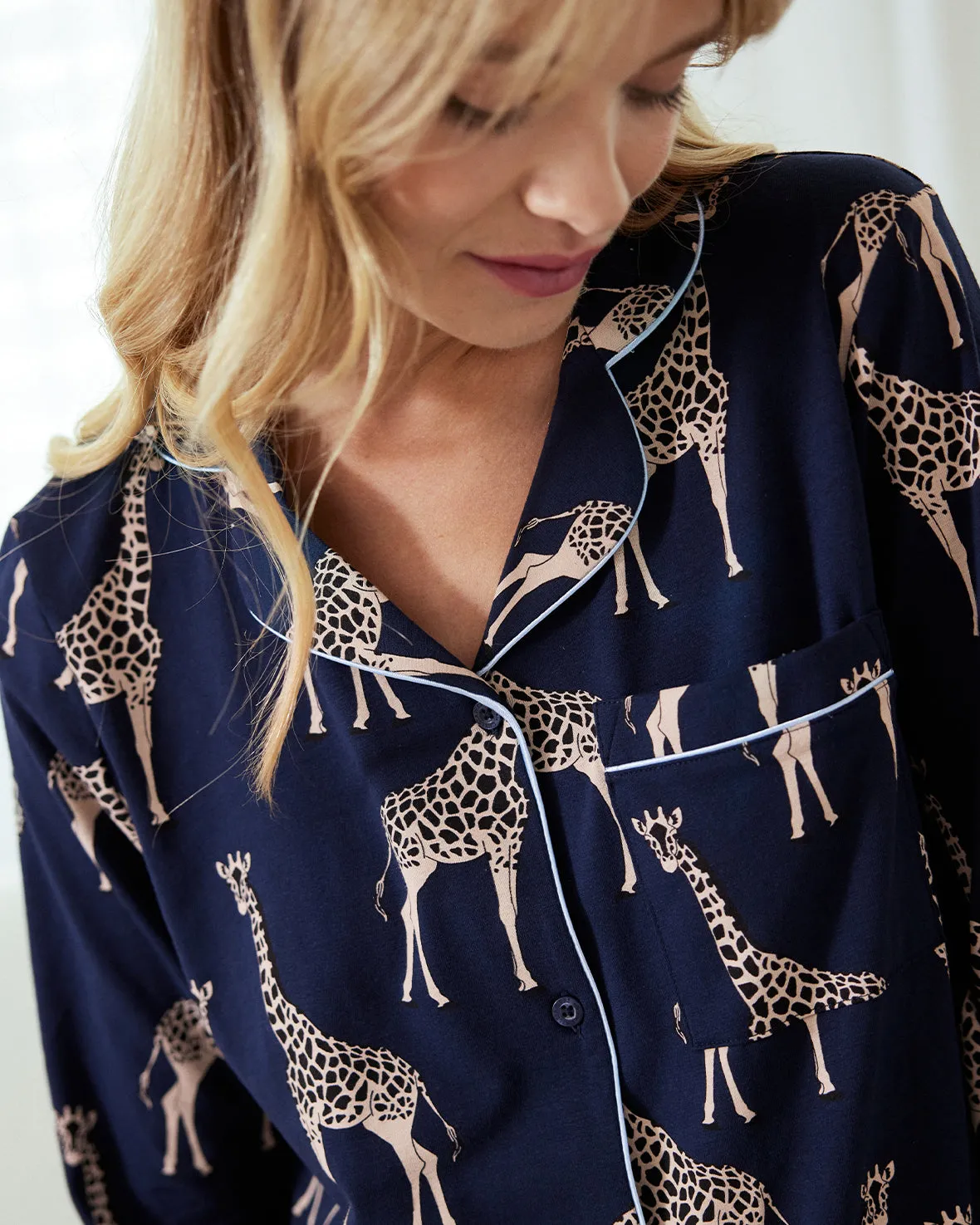 Organic Cotton Giraffe Print Long Pyjama Set - Navy