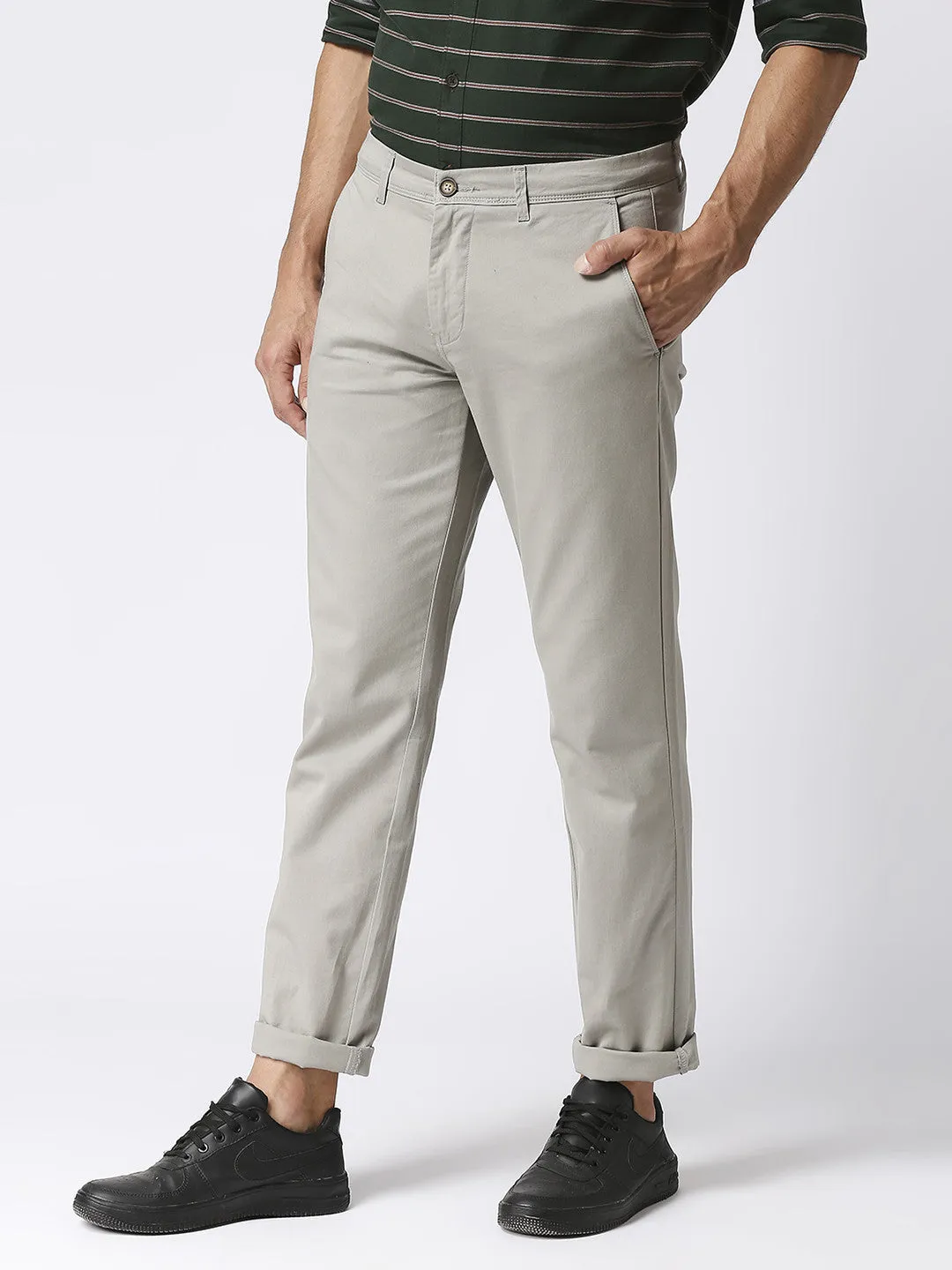 Pale Grey Slim Tapered Cotton Dobby Lycra Trouser