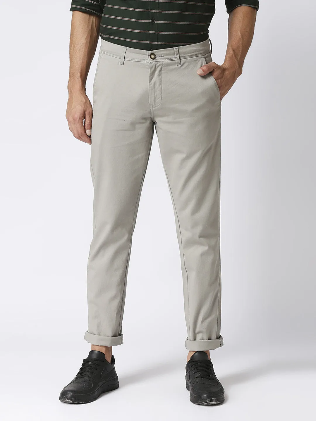 Pale Grey Slim Tapered Cotton Dobby Lycra Trouser