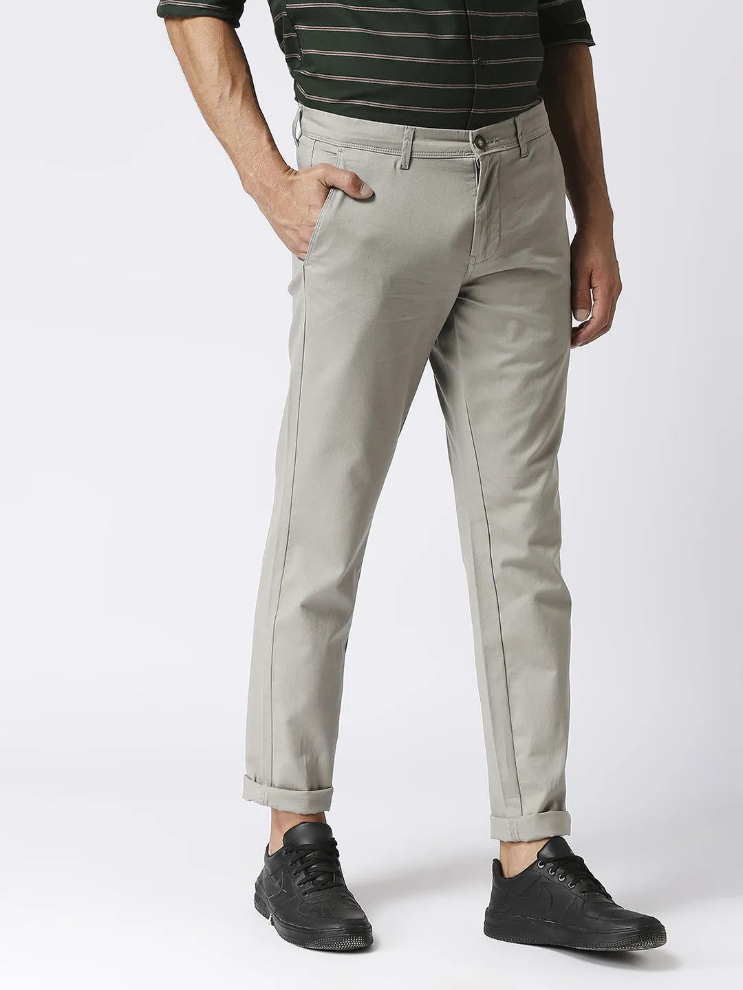 Pale Grey Slim Tapered Cotton Dobby Lycra Trouser