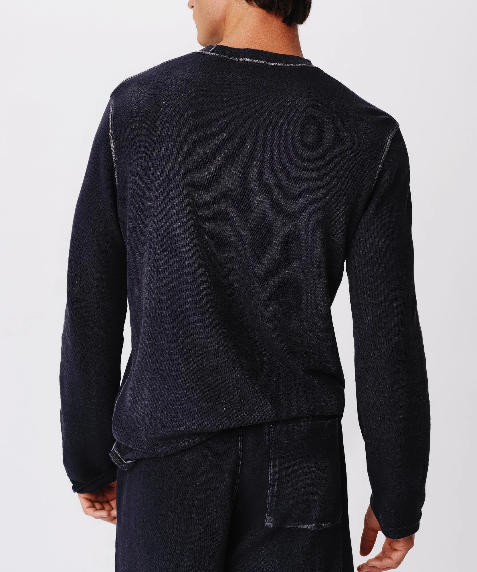 Pique with Wash Long Sleeve Crew Neck Top - Midnight