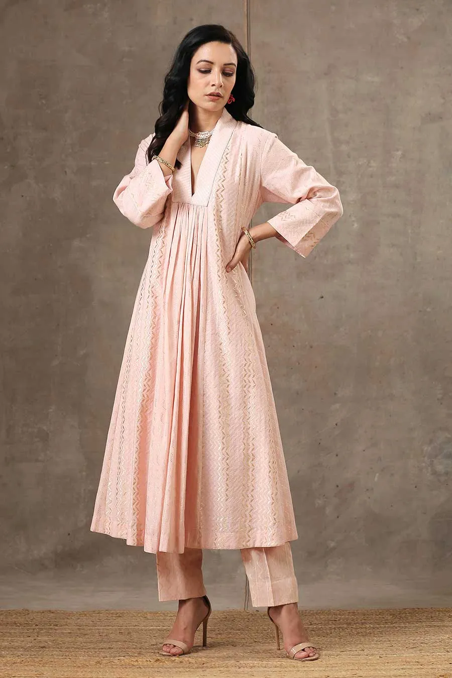 Powder Pink Woven Cotton Kurta Set With Dupatta