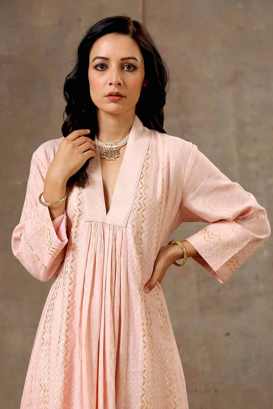 Powder Pink Woven Cotton Kurta Set With Dupatta