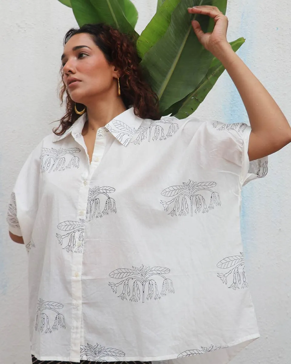 "Flor d’Luna  Handblock Printed Cotton Shirt - Mono