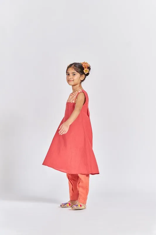 Red Box Pleated Kurta Set