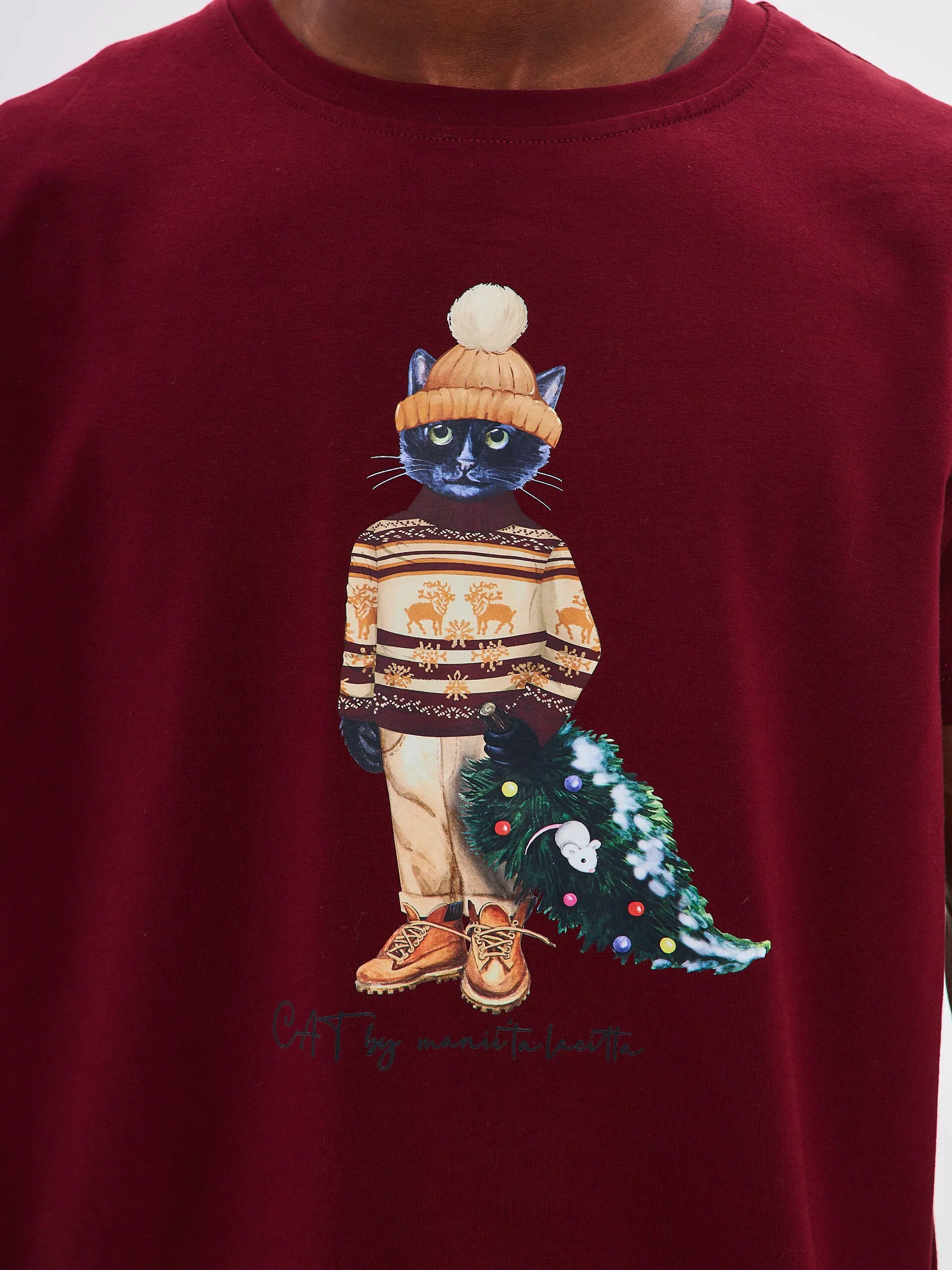 Red Printed T-shirt CHRISTMAS CAT