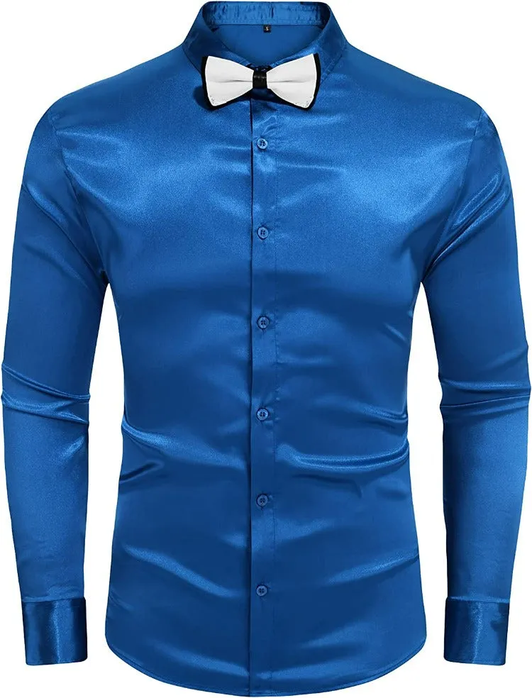 Royal Blue Shiny Satin Silk Dress Shirt Long Sleeve Slim Fit