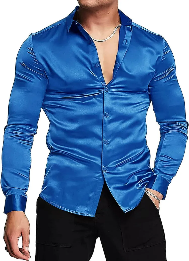 Royal Blue Shiny Satin Silk Dress Shirt Long Sleeve Slim Fit