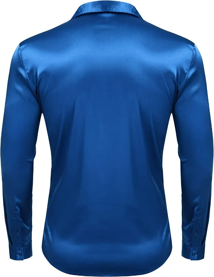 Royal Blue Shiny Satin Silk Dress Shirt Long Sleeve Slim Fit