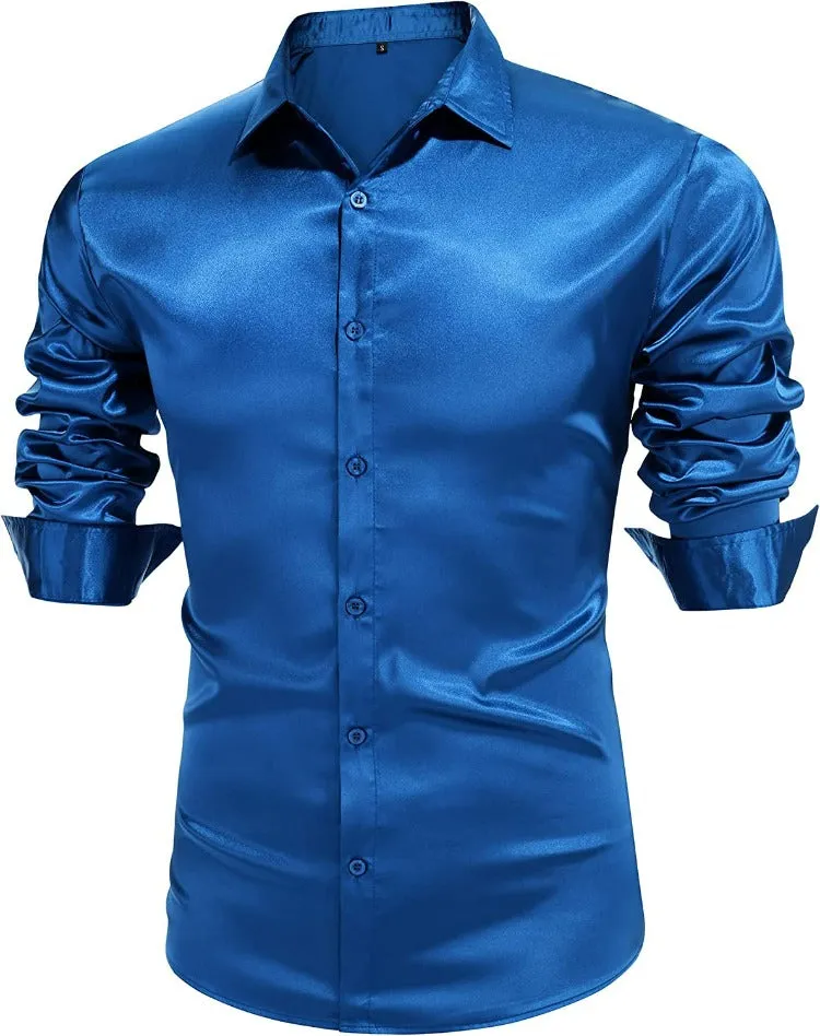 Royal Blue Shiny Satin Silk Dress Shirt Long Sleeve Slim Fit