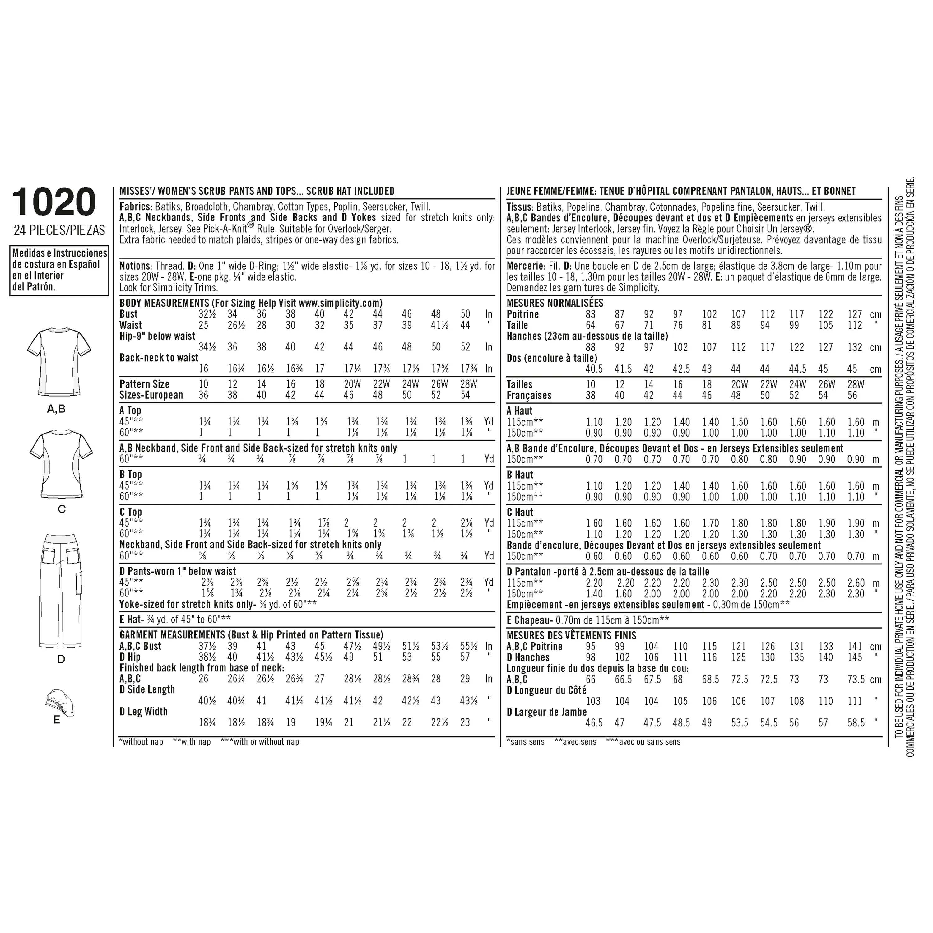 Simplicity Pattern 1020 Women's and Plus Size Scrubs