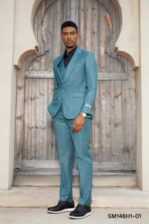 Stacy Adams Hybrid-Fit Vested Suit, Teal Windowpane