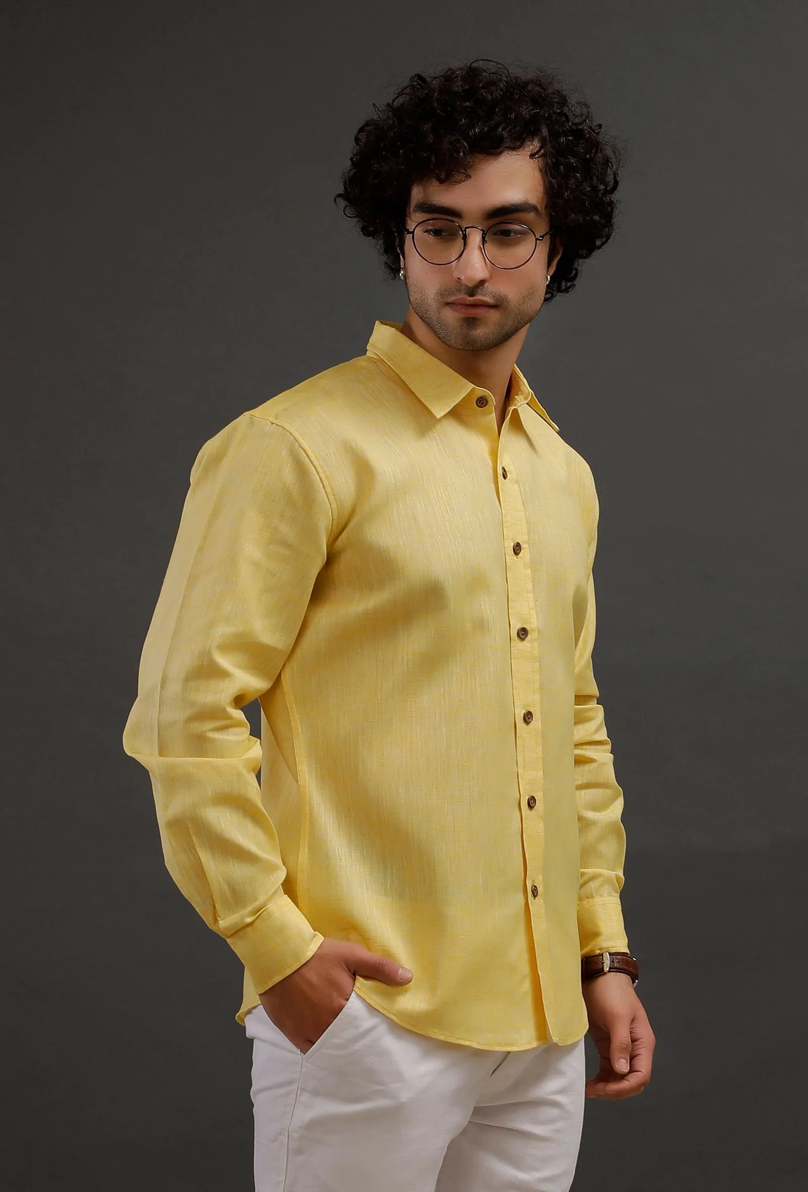 Summer Yellow Cotton Slim Fit Shirt