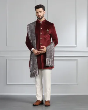 Swarn Two Piece Maroon Solid Achkan Set - Veltos