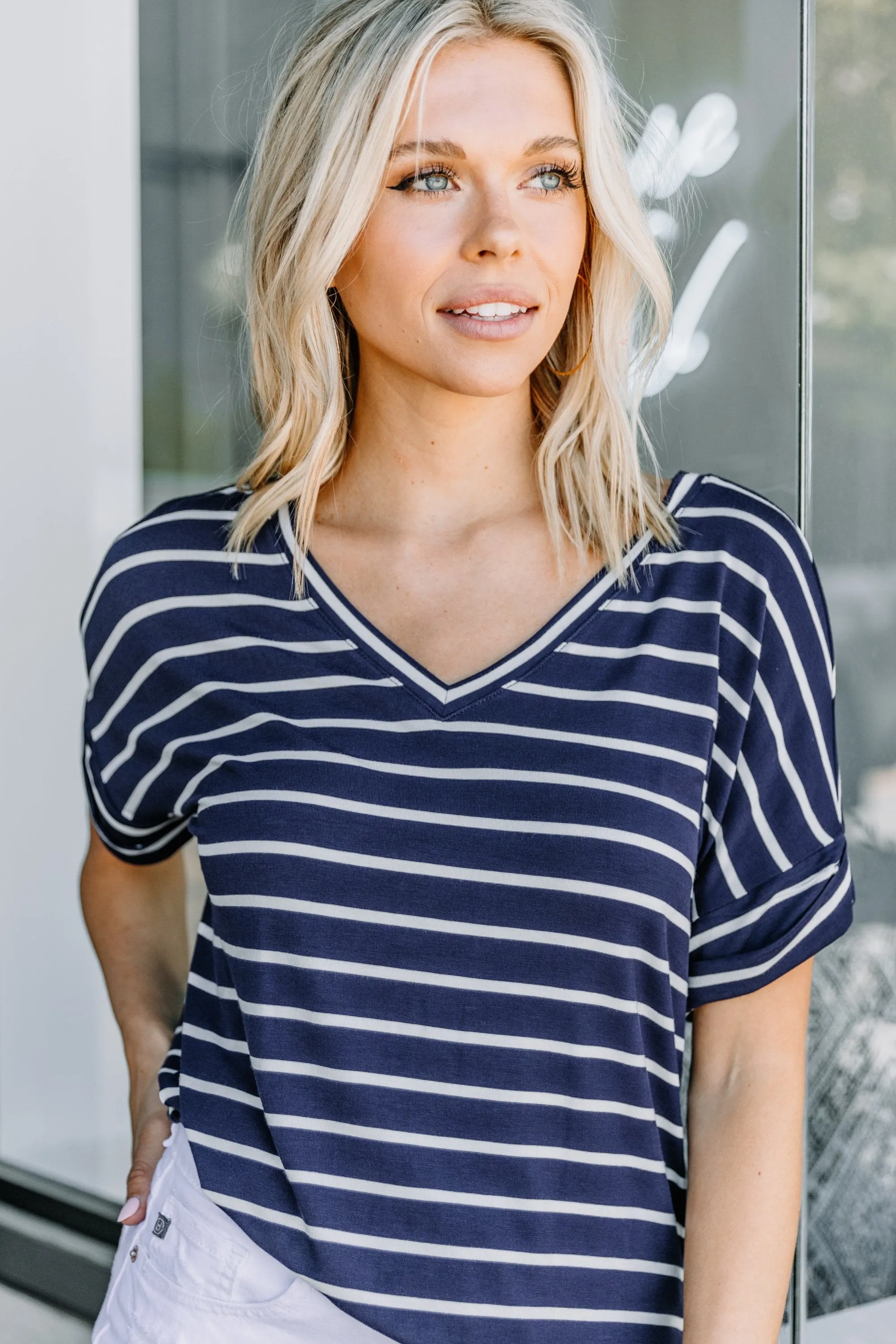 This Is No Joke Navy Blue Striped Top