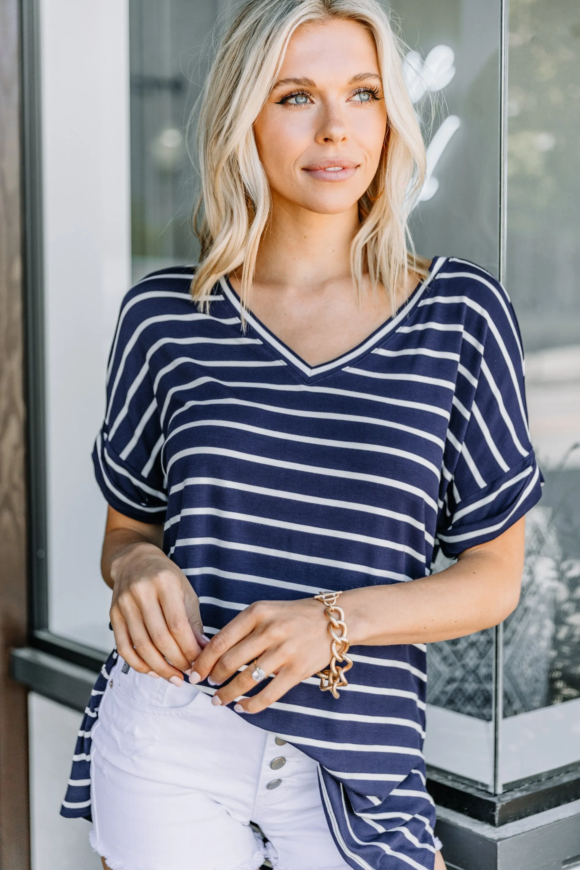 This Is No Joke Navy Blue Striped Top