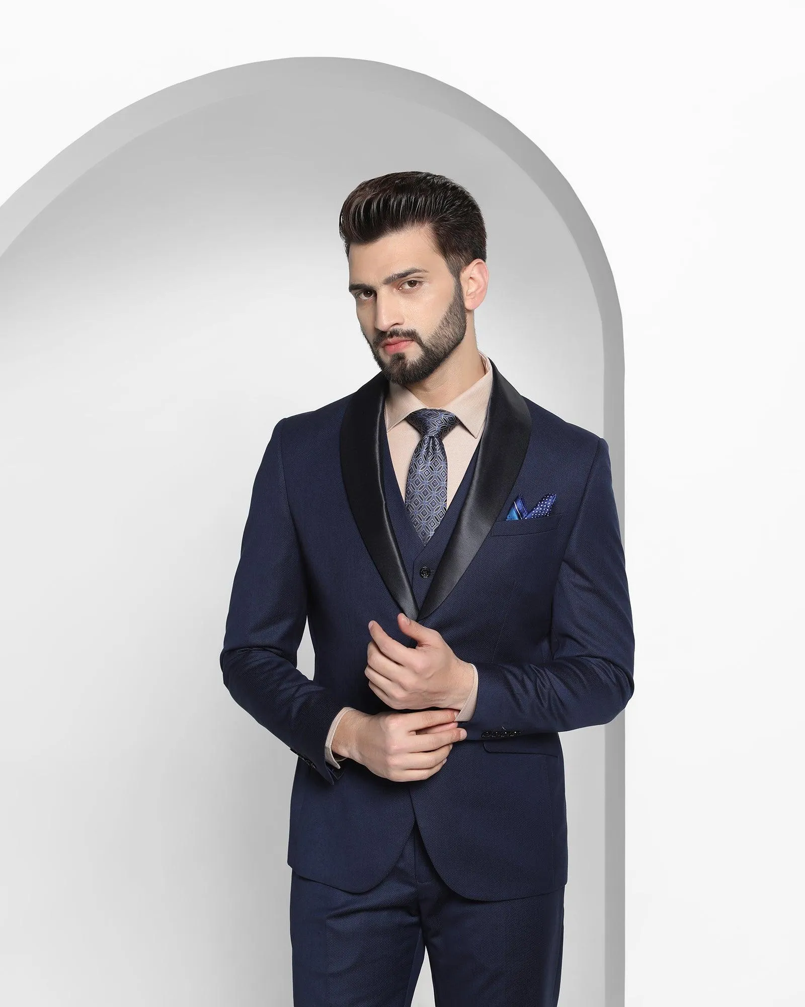 Tuxedo Three Piece Navy Textured Formal Suit - Gorkus