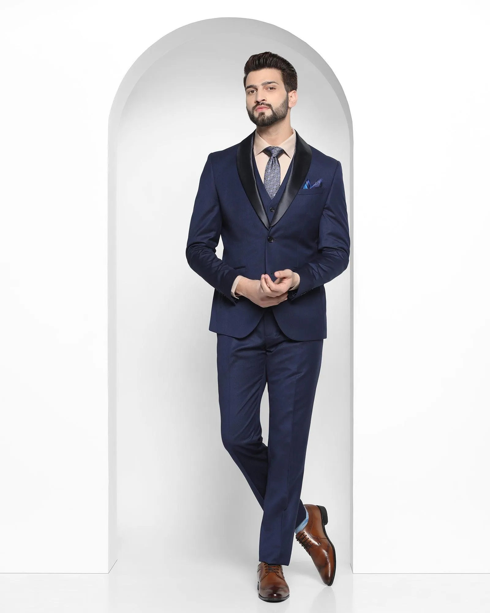 Tuxedo Three Piece Navy Textured Formal Suit - Gorkus