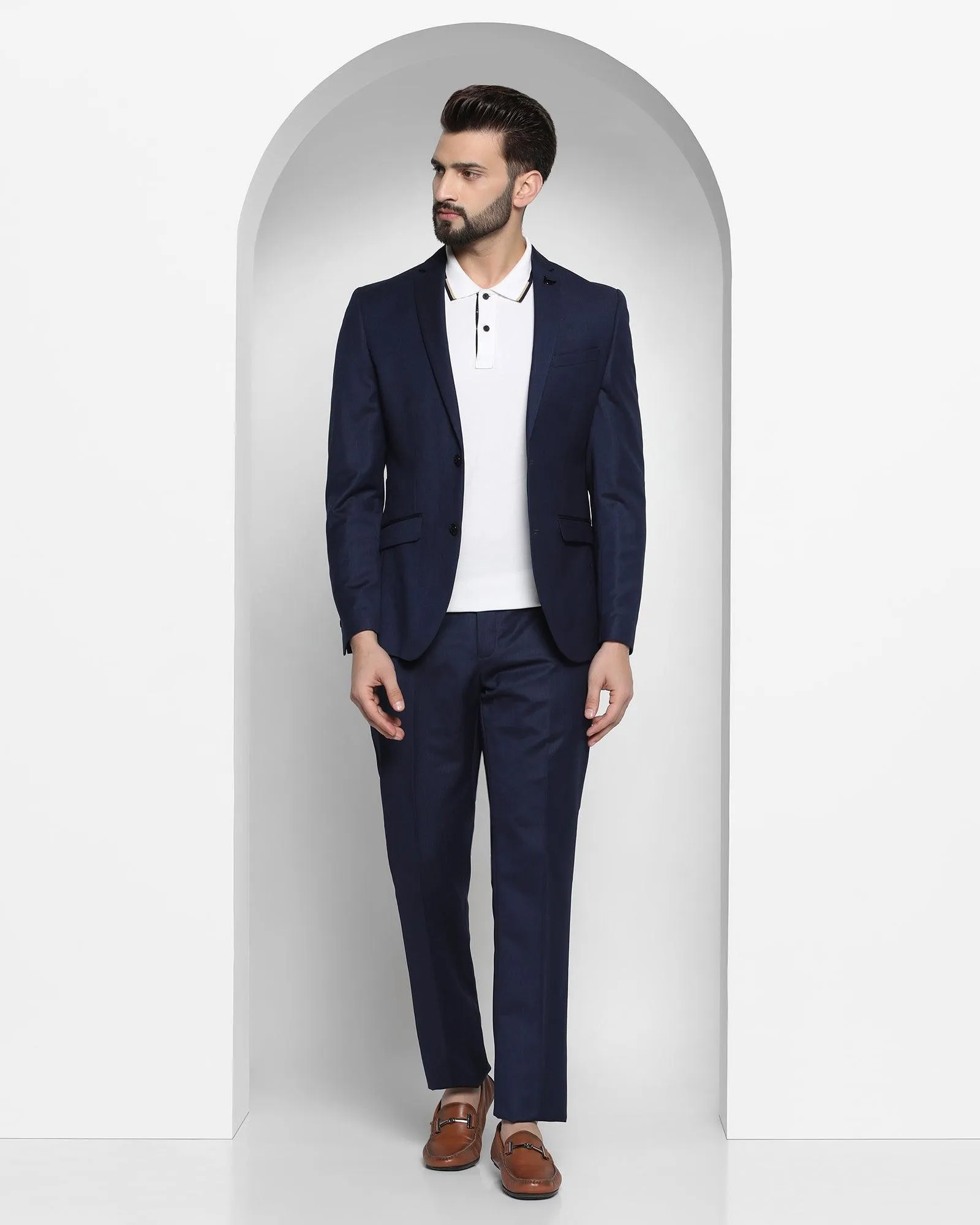 Tuxedo Three Piece Navy Textured Formal Suit - Gorkus