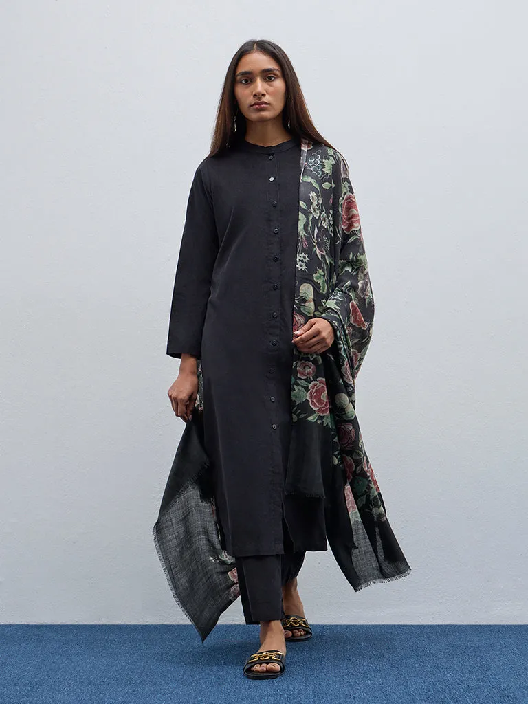 Utsa Black Textured Cotton Straight Kurta