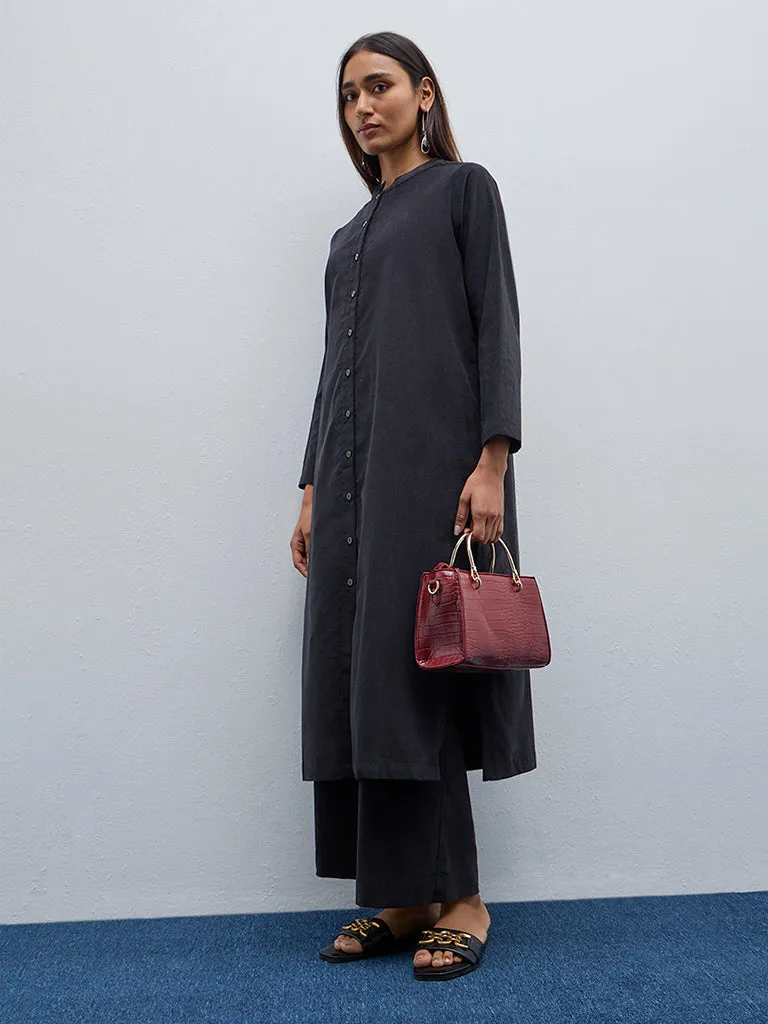 Utsa Black Textured Cotton Straight Kurta