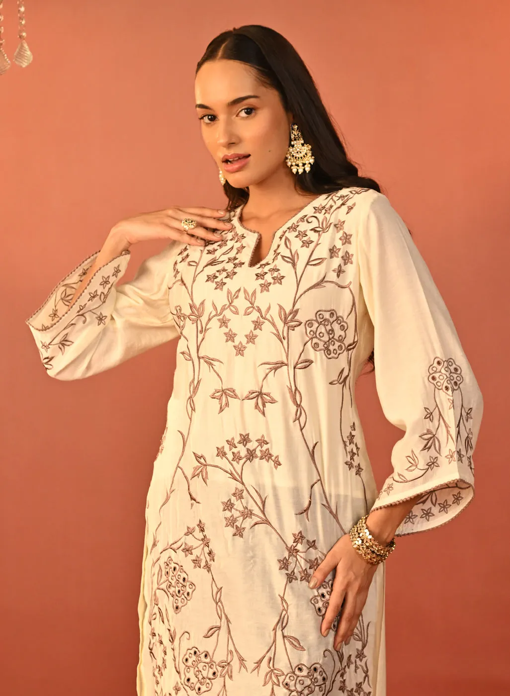 Waliya Ivory Embroidered Party-wear Kurti for Women