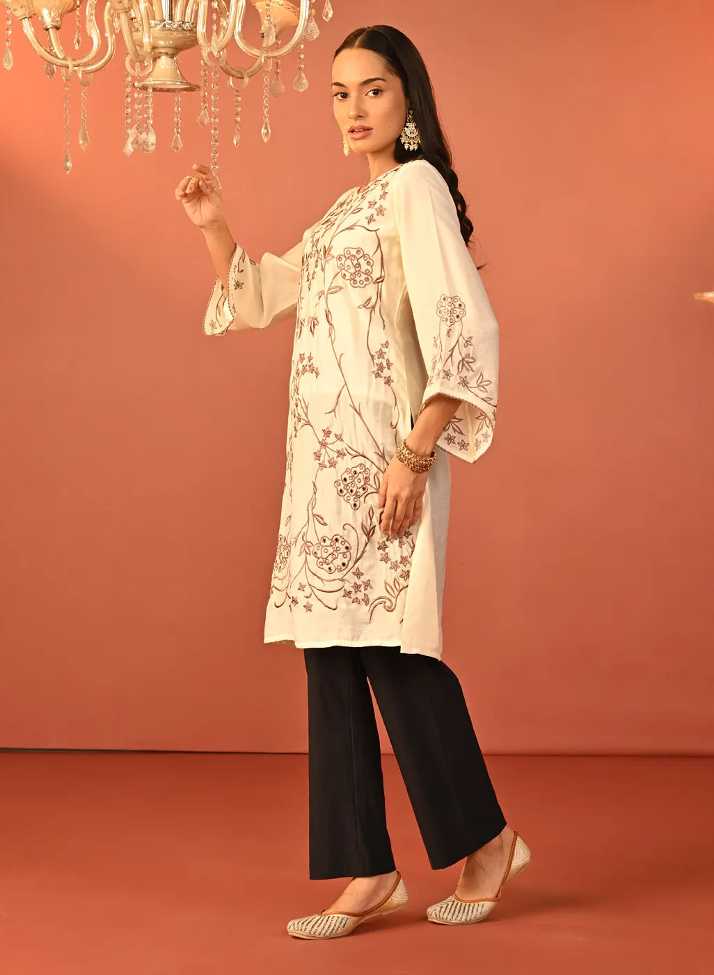 Waliya Ivory Embroidered Party-wear Kurti for Women