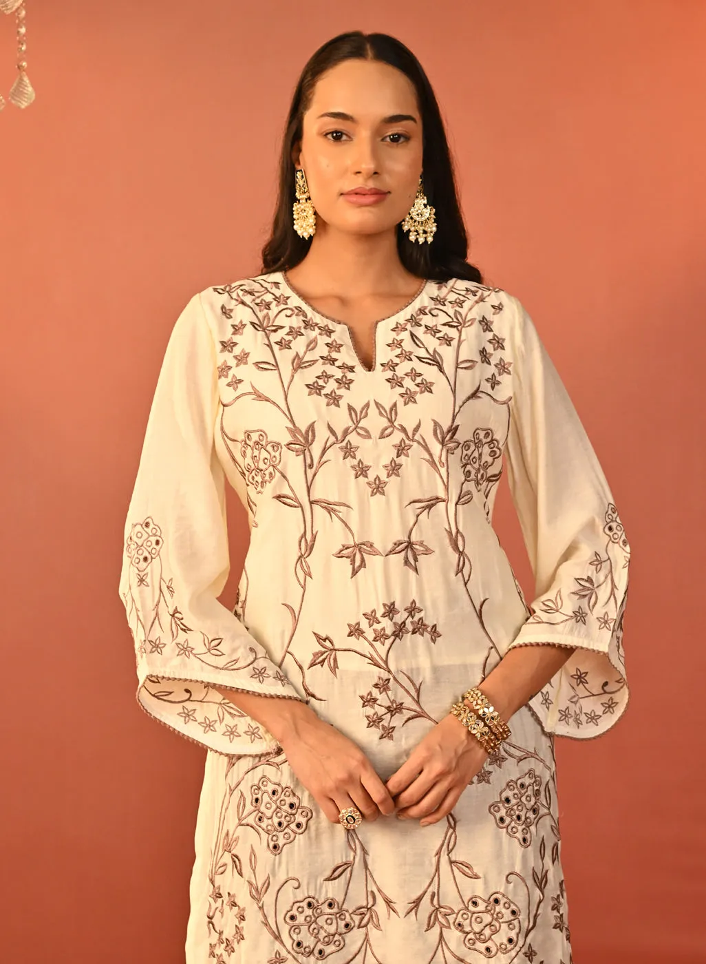 Waliya Ivory Embroidered Party-wear Kurti for Women