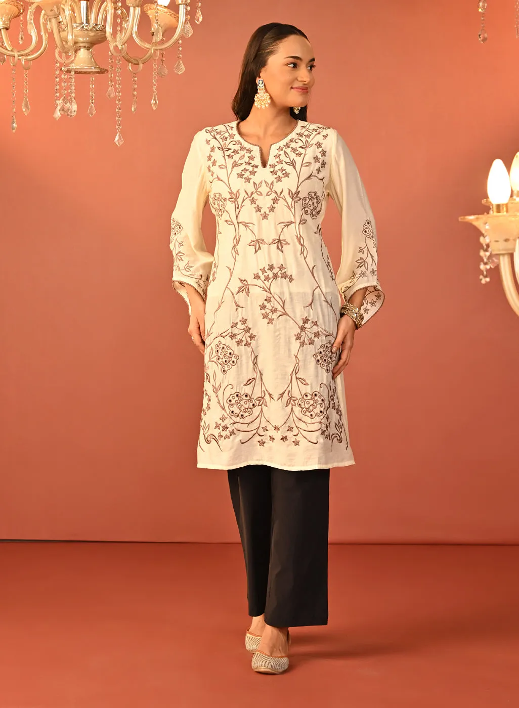 Waliya Ivory Embroidered Party-wear Kurti for Women