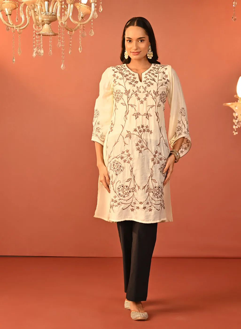 Waliya Ivory Embroidered Party-wear Kurti for Women