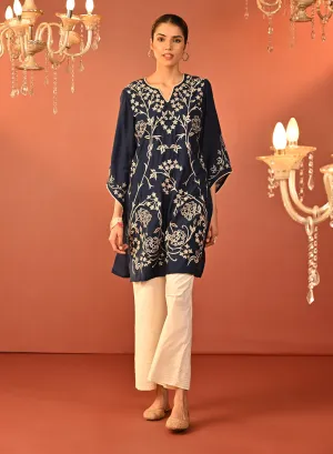 Waliya Navy Blue Embroidered Party-wear Kurti for Women