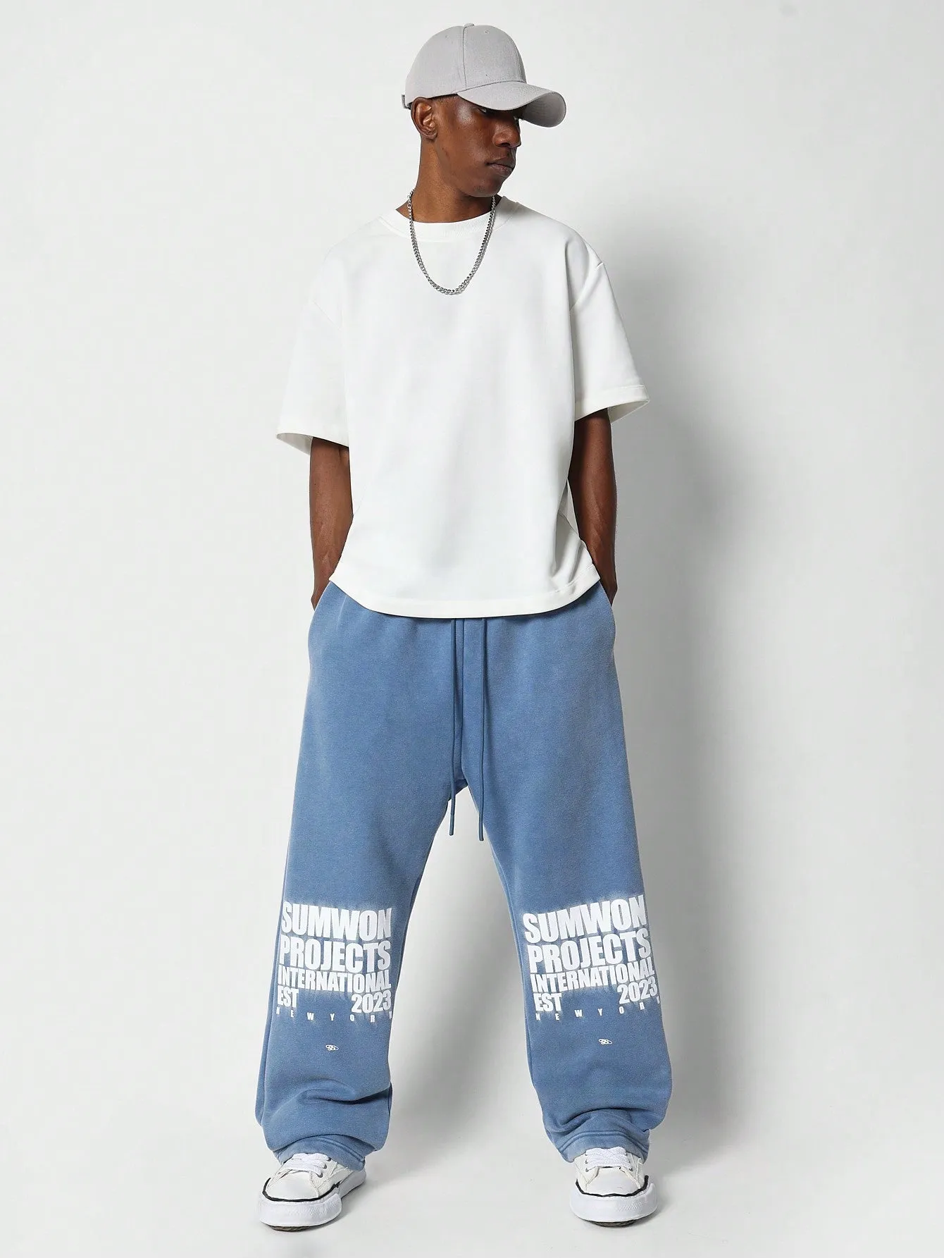 Washed Drop Crotch Sweatpants With Knee Letter Graphic Print