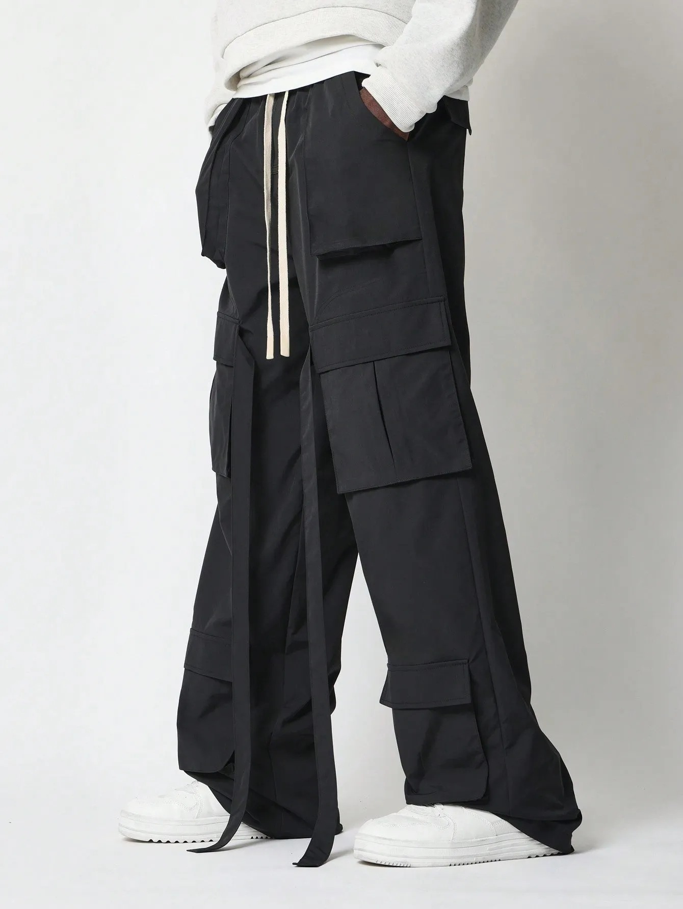 Wide Leg Nylon Multi Pocket Cargo Pant With Drawcords