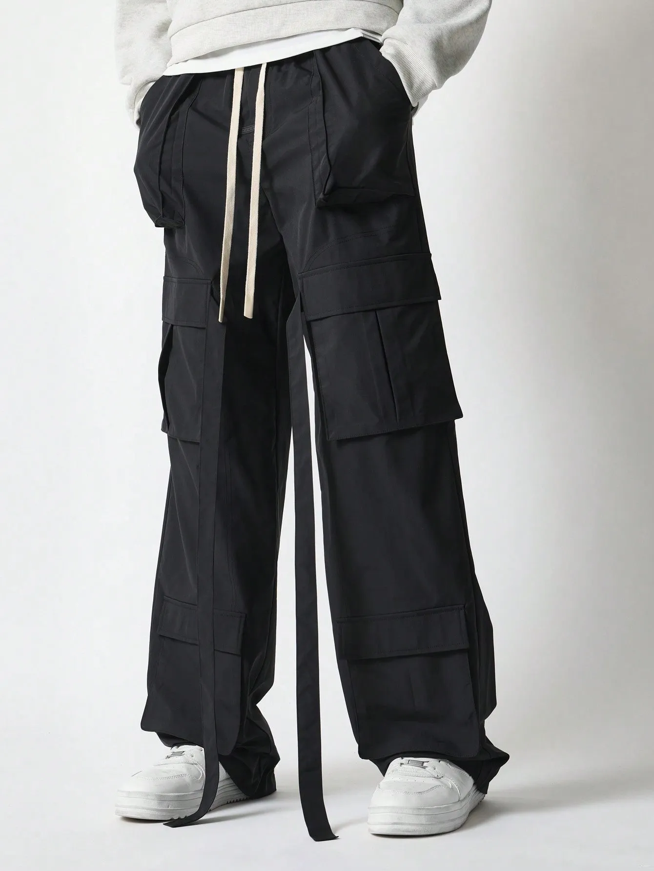 Wide Leg Nylon Multi Pocket Cargo Pant With Drawcords