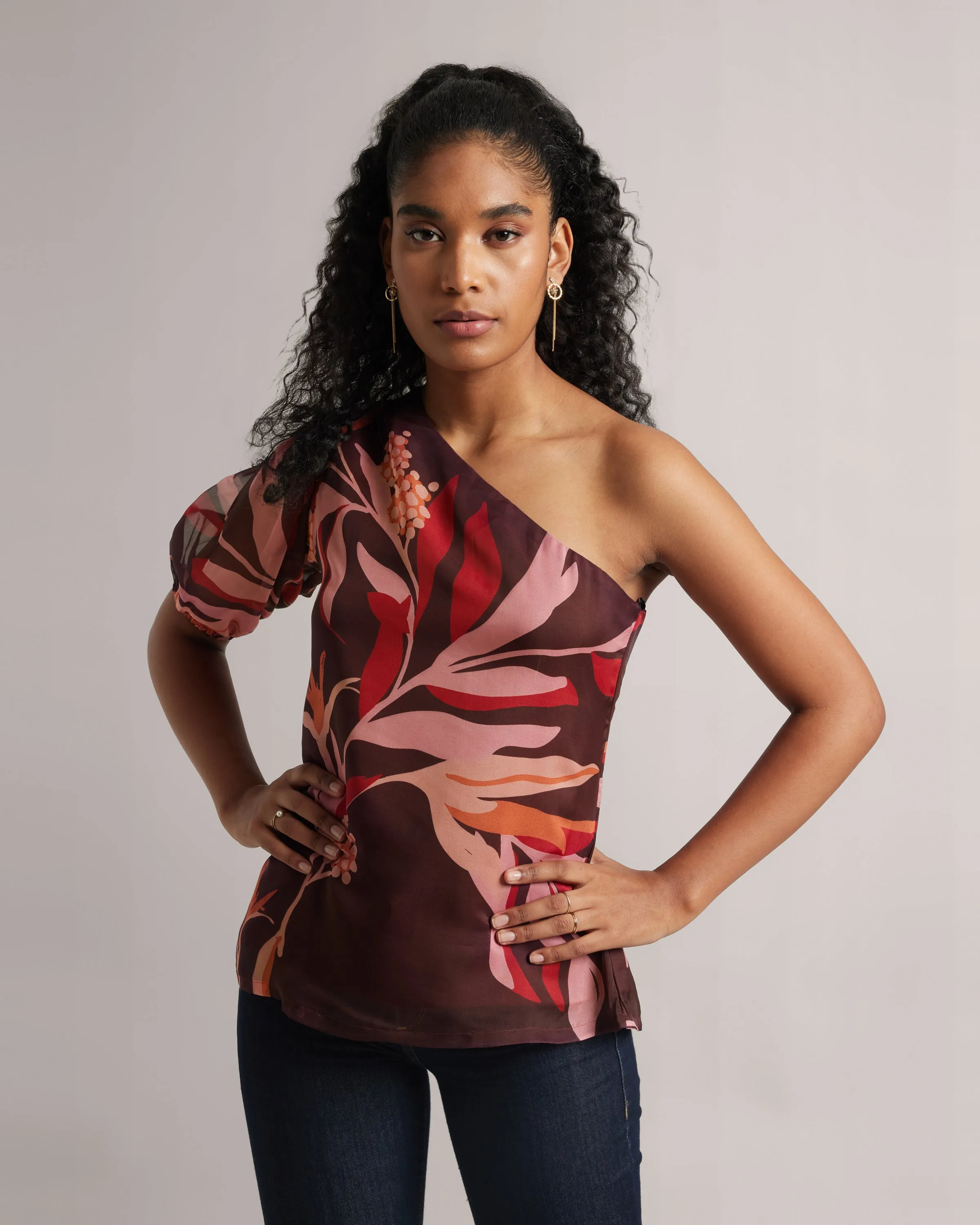 Wine Organza Botanic Print One-Sleeve Top