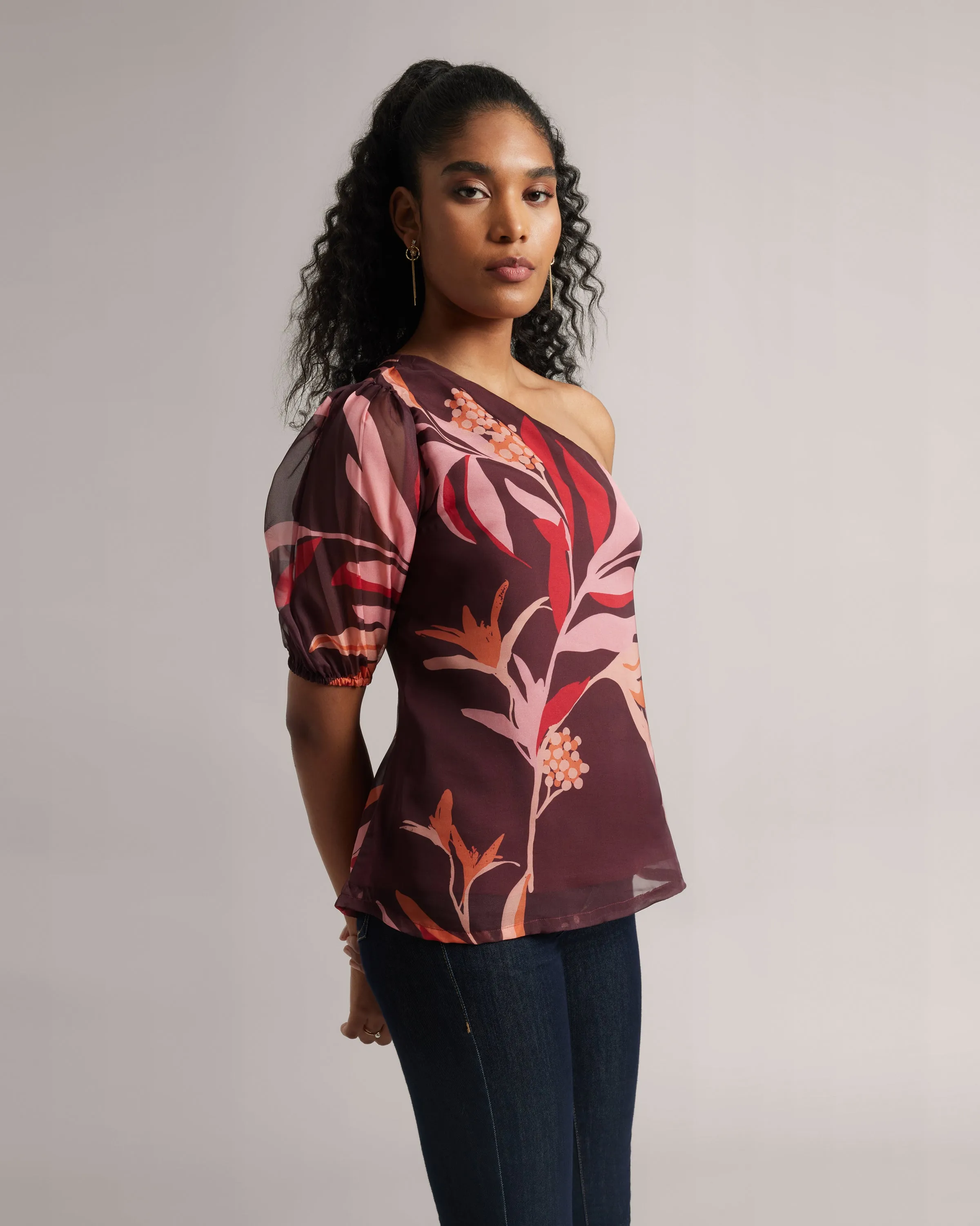 Wine Organza Botanic Print One-Sleeve Top