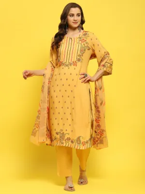 Women Liva Rayon Yellow Floral Print Kurta Trouser Dupatta