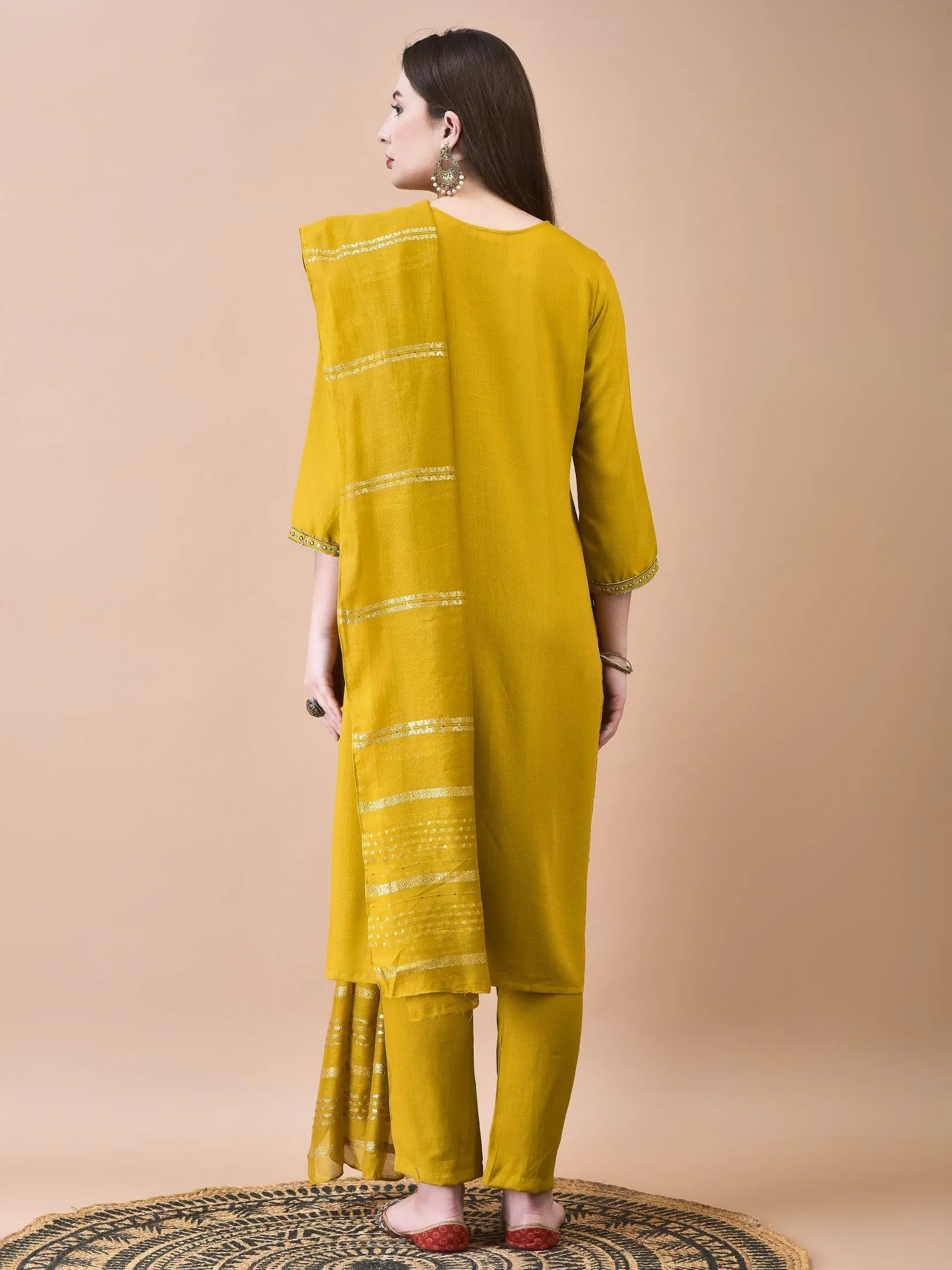 Women Poly Viscose Mustard Embroidered Kurta Trouser Chanderi Dupatta