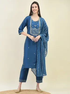 Women Silk Blend Blue Embroidered Kurta Trouser Dupatta